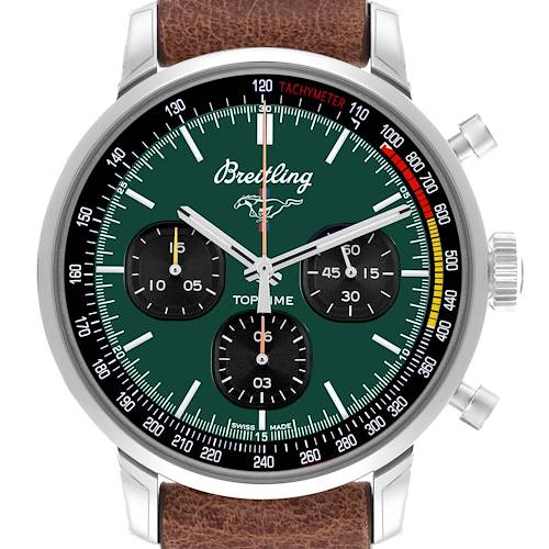 The Breitling Premier A25310 Men's Stainless Steel Green Dial A25310 Men's Stainless Steel Green Dial watch is shown from a frontal view, displaying its dial, hands, subdials, and leather strap.