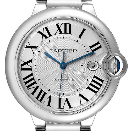 The Cartier Ballon Bleu W69012Z4 Men's Stainless Steel Silver Dial W69012Z4 Men's Stainless Steel Silver Dial watch is shown from the front, displaying the dial, Roman numerals, blue hands, and date window.