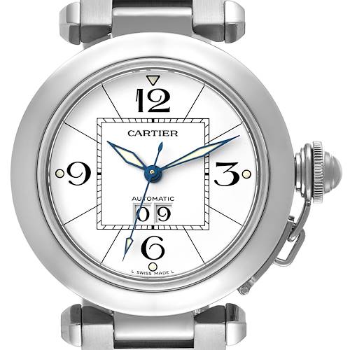 This image shows a front view of the face and crown of a Cartier Pasha W31055M7 Men's Stainless Steel White Dial W31055M7 Men's Stainless Steel White Dial model watch.