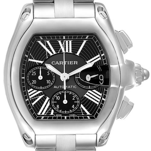 The Cartier Roadster W62020X6 men's watch is shown from a front angle, highlighting its black dial, Roman numerals, subdials, and stainless steel case.