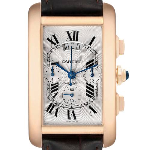 The image shows a front view of the Cartier Tank Américaine watch, including its rectangular dial with Roman numerals and leather strap.