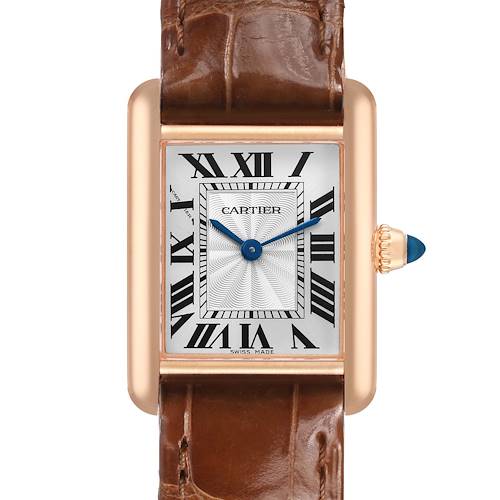 The Cartier Tank Louis WGTA0010 Women's Rose Gold Silver Dial watch is shown from the front, displaying the face, case, and part of the leather strap.