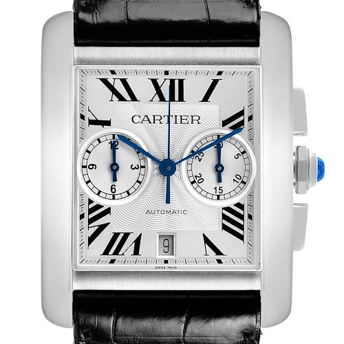 The Cartier Tank MC W5330007 Men's Stainless Steel Silver Dial watch is shown front-facing, displaying the dial, Roman numerals, sub-dials, and date window.