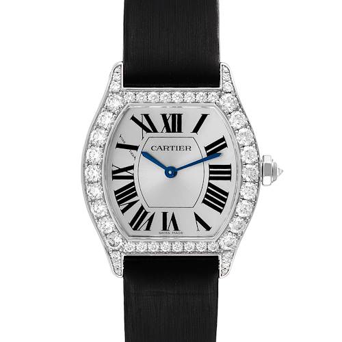 The image shows a frontal view of the Cartier Tortue WA507231 Women's White Gold Silver Dial WA507231 Women's White Gold Silver Dial model watch, highlighting the case, dial, strap, and bejeweled bezel.