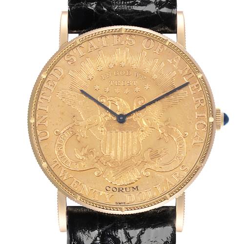 The Corum Coin Watch 4414556 Men's Yellow Gold Yellow Dial 4414556 Men's Yellow Gold Yellow Dial is shown from the front, highlighting the watch face resembling a coin with detailed engravings.