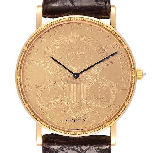 The Corum Coin Watch 4414556 Men's Yellow Gold Champagne Dial 4414556 Men's Yellow Gold Champagne Dial is shown from the front, displaying the detailed coin dial, crown, and part of the leather strap.
