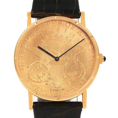 This image shows a front view of the Corum Coin Watch Men's Yellow Gold Black Dial Men's Yellow Gold Black Dial model, with the watch face, dial, and leather strap clearly visible.