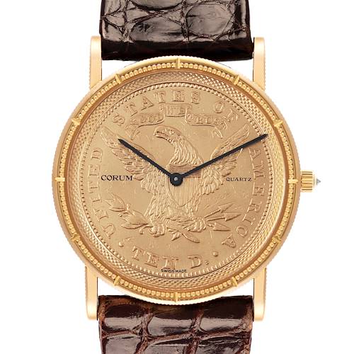 The Corum Coin Watch 1903 Men's Yellow Gold Yellow Dial 1903 Men's Yellow Gold Yellow Dial is shown from the front, displaying the engraved face and brown leather strap.