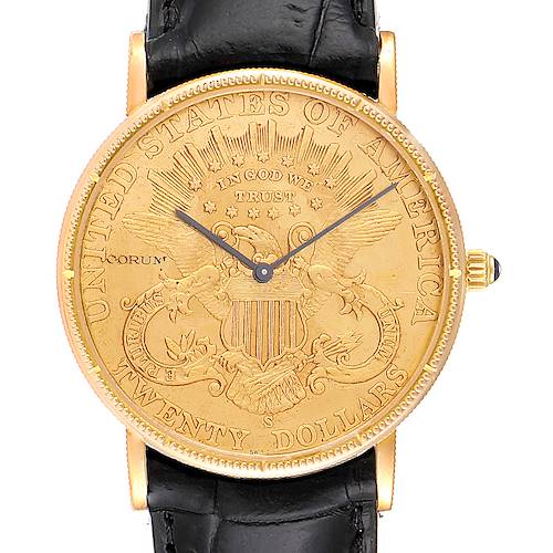 This image shows a front view of the Corum Coin Watch  Men's Yellow Gold Black Dial  Men's Yellow Gold Black Dial model, highlighting its detailed coin-like dial and black leather strap.