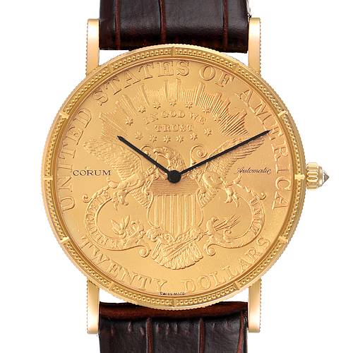 The Corum Coin Watch 1900 Men's Yellow Gold Black Dial 1900 Men's Yellow Gold Black Dial model is shown directly from the front, displaying its detailed coin face and brown leather strap.