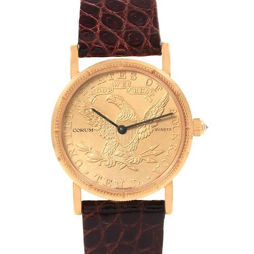 The image shows a front view of the Corum  Women's Yellow Gold Black Dial  Women's Yellow Gold Black Dial Yellow Gold 10 Dollars Coin Diamond Ladies Watch Year 1881 model with a textured brown strap.