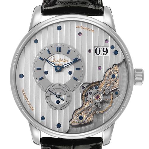 The Glashutte Original 1-91-02-02-02-30 Men's Stainless Steel Silver Dial watch is shown from the front, displaying the dial, hour markers, date window, and exposed movement.