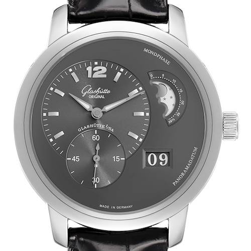 The Glashütte Pano watch is shown front-facing, displaying its dial, subdial, moon phase, date, and brand details.