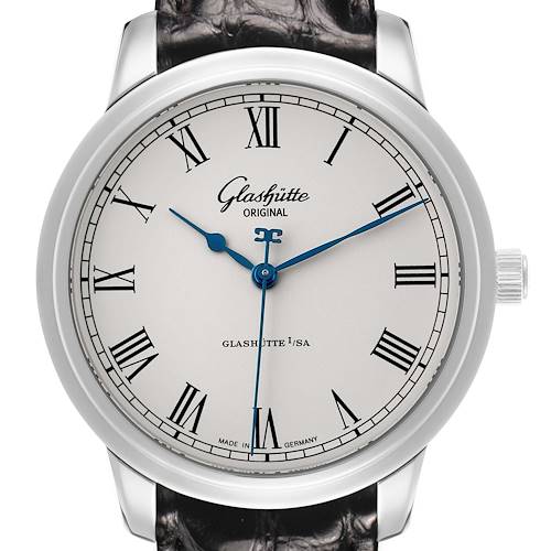 The Glashütte Original model watch is shown from the front, highlighting its face, Roman numerals, and blue hands.
