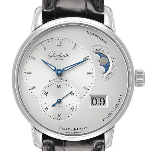 The Glashütte Pano model is shown from the front, highlighting the dial, moonphase, and date display.