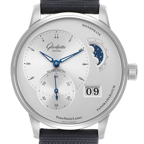The Glashütte PanoMaticLunar watch is shown from a front angle, highlighting its dial, moon phase, and date features.
