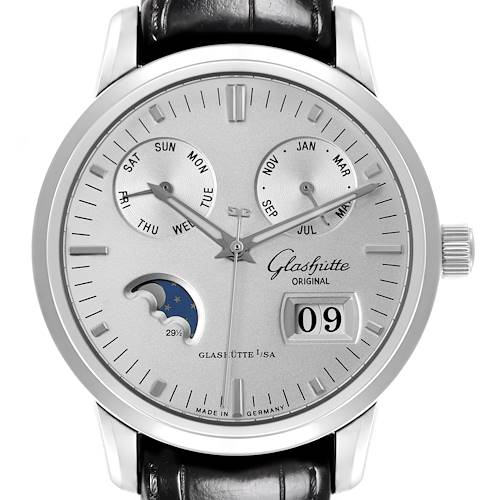 The Glashütte Senator watch is shown from a front view, displaying the face with day, month, moon phase, and date indicators.