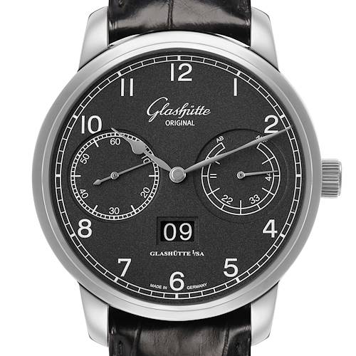 The Glashütte Senator watch is shown from a front angle, displaying the dial, subdials, and date window.