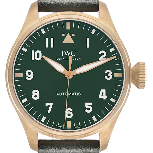 The IWC Pilot model IW329702 is shown from a front angle, highlighting the dial, numerals, hands, and crown.