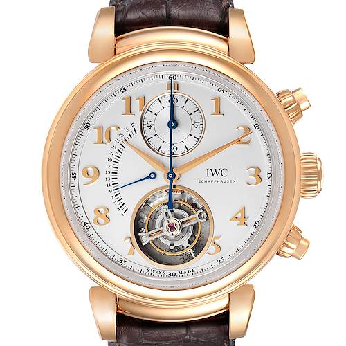 The IWC Da Vinci IW393101 Men's Rose Gold Silver Dial watch is shown from the front, highlighting its gold case, subdials, and tourbillon.