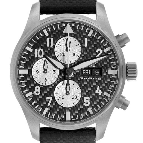 The IWC Pilot IW377903 Men's Titanium Grey Dial model watch is shown from a front angle, displaying the dial, crown, and chronograph pushers.