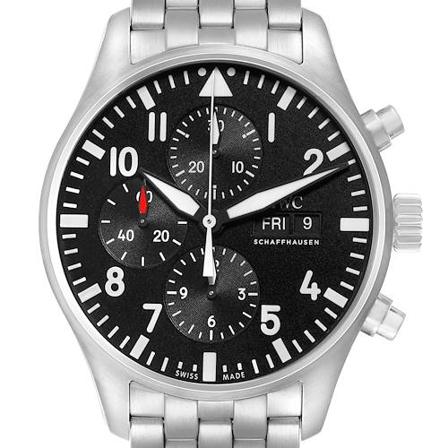 The IWC Pilot IW377710 Men's Stainless Steel Black Dial model watch is shown from a front angle, displaying the face, bracelet, chronograph subdials, and crown.