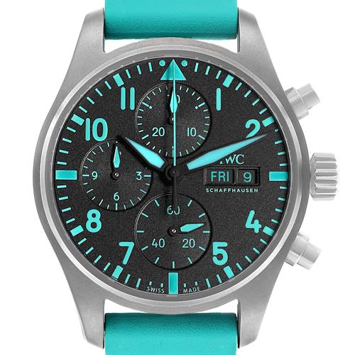 The IWC Pilot IW388108 Men's Titanium Black Dial watch is shown from the front, highlighting its dial, subdials, crown, and pushers.