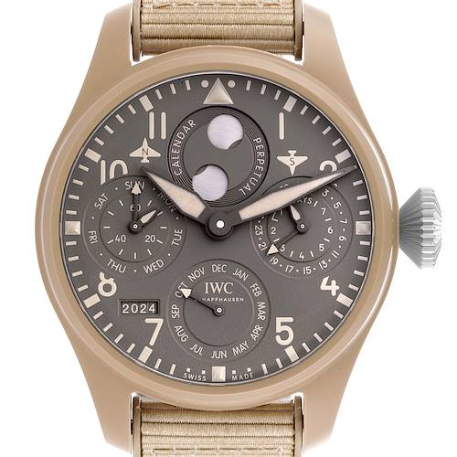The image shows a frontal view of the IWC Pilot IW503004 Men's Ceramic Grey Dial IW503004 Men's Ceramic Grey Dial watch, highlighting the dial and bezel.