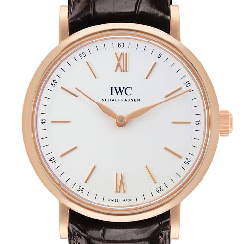 The image shows a front view of the IWC Portofino IW511101 Men's Rose Gold Silver Dial watch, highlighting the dial, Roman numerals, and the crown.