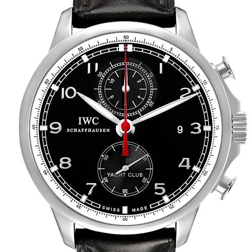 The image shows a front view of the IWC Portuguese IW371609 Men's Stainless Steel Black Dial Yacht Club watch, highlighting the dial, subdials, and crown.