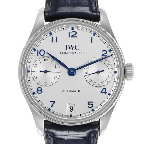 The IWC Portuguese IW501702 Men's Stainless Steel Silver Dial IW501702 Men's Stainless Steel Silver Dial watch is shown from a front angle, displaying the dial, hands, date window, and sub-dials.