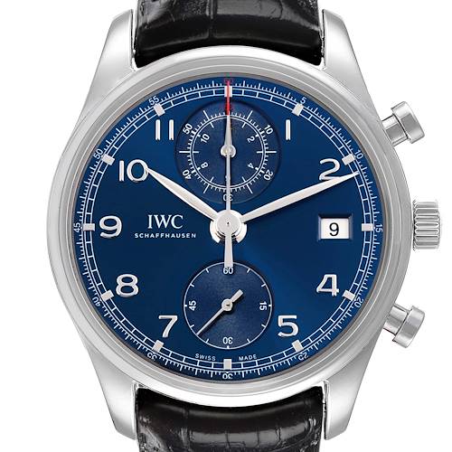 The IWC Portuguese model IW390406 watch is shown from the front, highlighting its blue dial, sub-dials, and date display with a black leather strap.