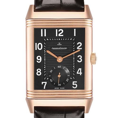The image shows a Jaeger LeCoultre Reverso Q3732470 Men's Rose Gold Black Dial watch from the front, highlighting its rectangular face and strap.