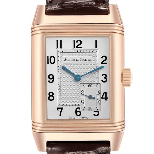 The image shows a front view of a Jaeger-LeCoultre Reverso watch, highlighting its dial, case, and crown.