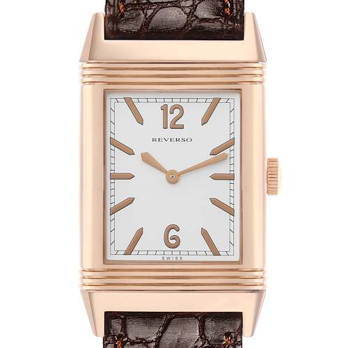The image shows a front view of the Jaeger-LeCoultre Reverso watch, highlighting its face, dial, and part of the leather strap.
