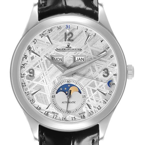 The Jaeger LeCoultre Master Q1558421 / 176.8.12.S Men's Stainless Steel Silver Dial watch is shown from a front angle, displaying its dial, hands, date, month, and moon phase indicators.