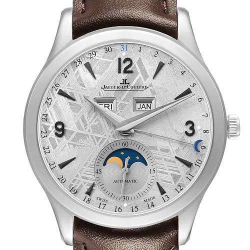 The Jaeger LeCoultre Master Q1558421 Men's Stainless Steel Silver Dial watch is shown from a front angle, displaying its dial, hands, crown, and brown leather strap.