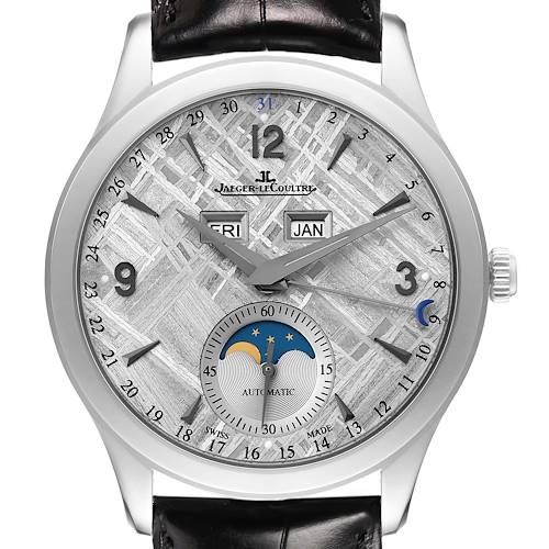 The Jaeger LeCoultre Master Q1558421 Men's Stainless Steel Silver Dial watch is shown from a front angle, displaying the dial, hands, calendar, and moon phase features.