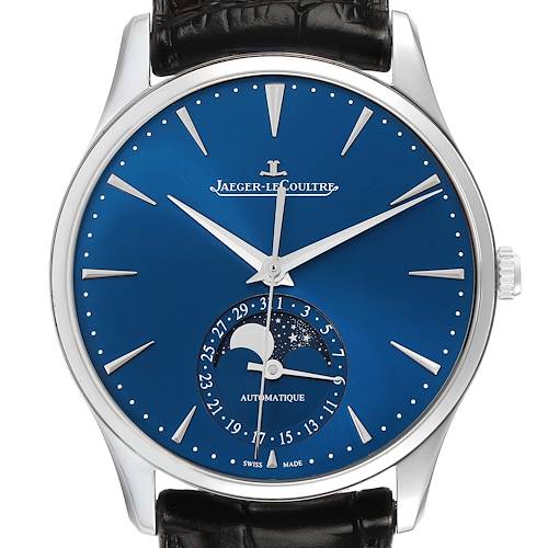 The Jaeger-LeCoultre Master watch is shown from a front angle, featuring a blue dial, moon phase display, and date indicator.