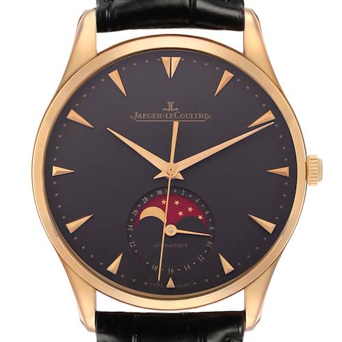 The Jaeger LeCoultre Master Q136256C Men's Rose Gold Brown Dial watch is shown from a front angle, displaying its dial, moon phase indicator, and leather strap.