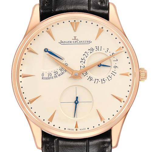 The Jaeger-LeCoultre Master watch is shown from the front, displaying its dial, subdials, and leather strap.