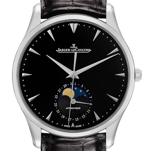 The Jaeger LeCoultre Master 176.8.64.S / Q1368470 Men's Stainless Steel Black Dial watch is shown front-facing, featuring a moon phase display and elegant black dial with silver markers.