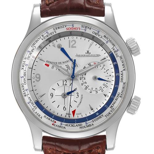 The Jaeger LeCoultre Master Q1528420 Men's Stainless Steel Silver Dial watch is shown from the front, highlighting its dial, time zones, and leather strap partially visible.