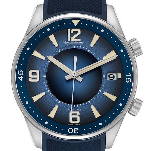 The image shows a front view of the Jaeger LeCoultre Polaris Q9068681 Men's Stainless Steel Blue Dial watch, highlighting the dial, bezel, and crown.