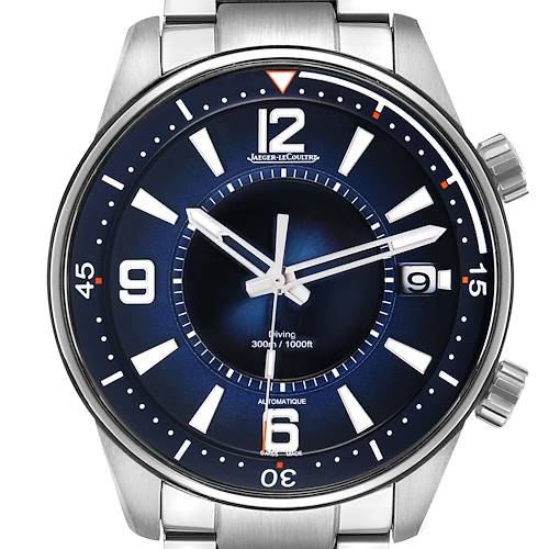 The Jaeger-LeCoultre Polaris watch is shown from the front, highlighting the dial, hands, markers, date window, and bezel.