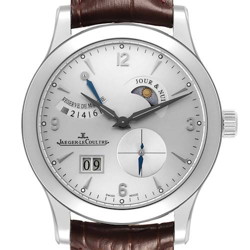 The Jaeger-LeCoultre Master watch is shown from the front, displaying its dial, hands, date, and power reserve indicators.