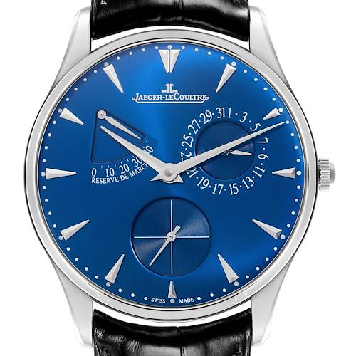 The Jaeger-LeCoultre Master watch is shown from a front angle, displaying the dial, hands, and subdials.