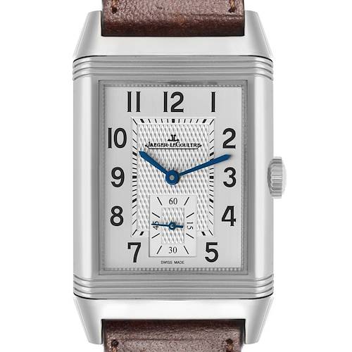 The image shows a front view of the Jaeger-LeCoultre Reverso watch, highlighting the dial, numerals, and crown.