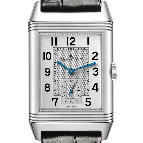 The Jaeger-LeCoultre Reverso watch is shown from the front, displaying the dial, crown, and part of the strap.