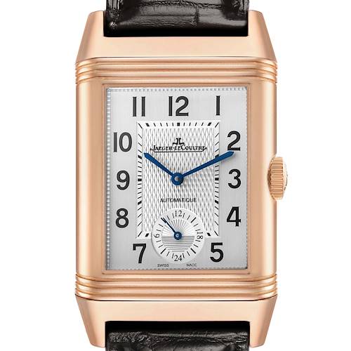The image shows a front view of the Jaeger-LeCoultre Reverso watch, highlighting its dial, numerals, hands, case, and crown.